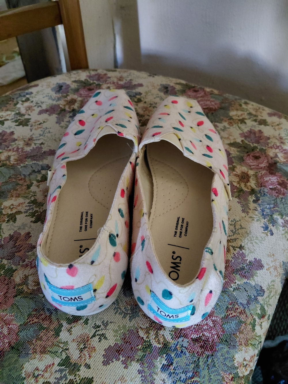 Toms White Canvas Slip-Ons with Pink, Teal & Yellow Leaf Print - Picture 2 of 2